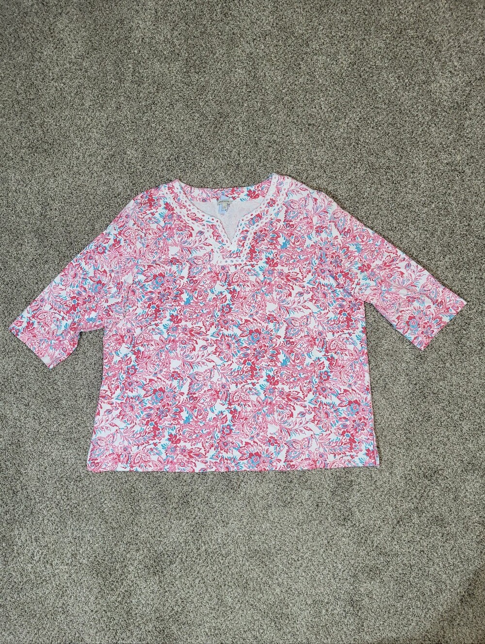 Talbots Womens Plus Size 3X Lace Trim Floral Pink Blue 3/4 Sleeve Stretch Top. 